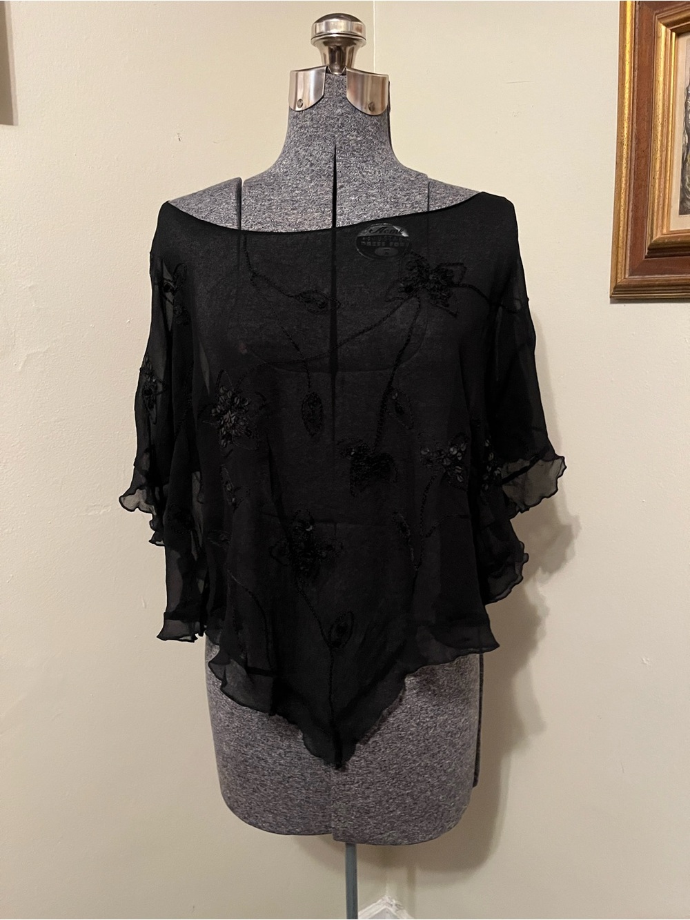 Black Silk Ruffle Edge Embroidered Sequined Floral Shawl Cape Poncho 1X Formal